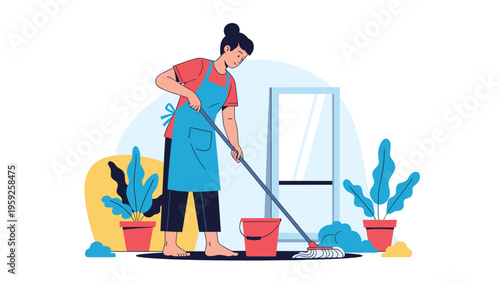 Diligent female houseworker cleans the floor using a mop and bucket surrounded by houseplants in a bright indoor setting.
