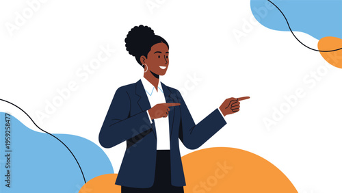 Confident African American businesswoman in formal attire points toward the side against a decorative abstract background.