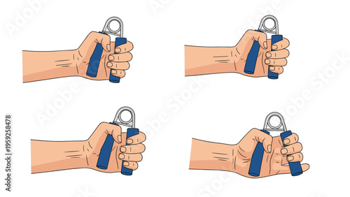 Sequence of images demonstrates a hand using a blue spring-loaded gripper to improve grip strength and forearm muscles.
