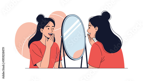 Surprised young woman looking at her reflection in a vanity mirror while expressing happiness and self-confidence in a room.