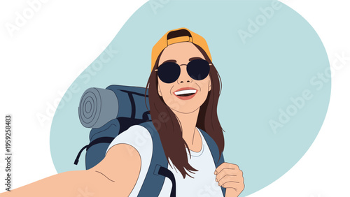Joyful female traveler with a backpack and sunglasses takes a selfie during her outdoor adventure against a soft blue backdrop.