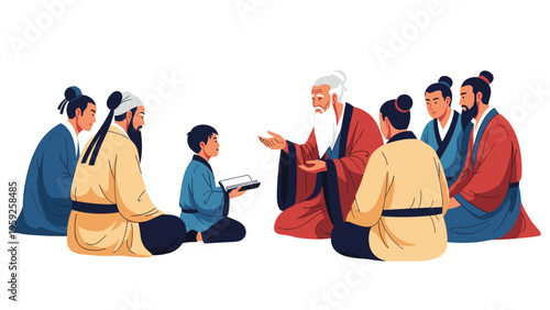 Group of men in traditional chinese clothing sitting together while listening to a wise elder speak in an ancient setting.