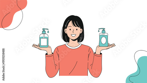 Cheerful young woman promotes hand hygiene by holding two different bottles of liquid sanitizer in her palms for safety.