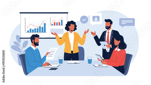 Diverse business team having collaborative meeting in conference room with data charts on board and tablet devices.