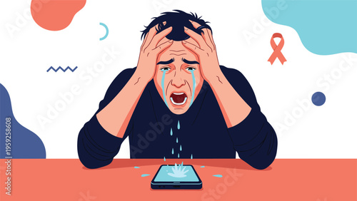 Distraught man crying over his smartphone on desk depicting emotional distress and cyberbullying awareness vector illustration.