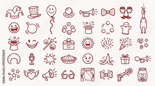 A collection of hand-drawn doodle icons representing various elements of parties, celebrations, and humor.