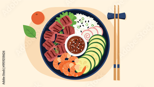 Top view of delicious healthy poke bowl with grilled meat, shrimp, cucumber, rice and sauce with chopsticks.