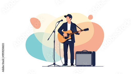 Talented male musician playing acoustic guitar and singing into microphone with amplifier in modern music studio.