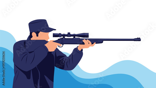 Marksman in uniform aiming through scope of sniper rifle against blue wave abstract background for tactical training.