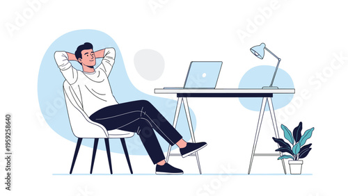 Productive man taking break and relaxing at his home office desk after finishing work on laptop computer.