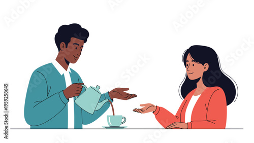 Gentleman pouring hot tea or coffee from kettle into cup for his partner during pleasant breakfast time conversation.