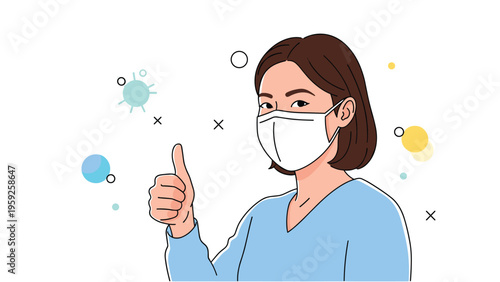 Woman wearing white medical face mask for protection and showing thumbs up gesture to indicate health and safety.