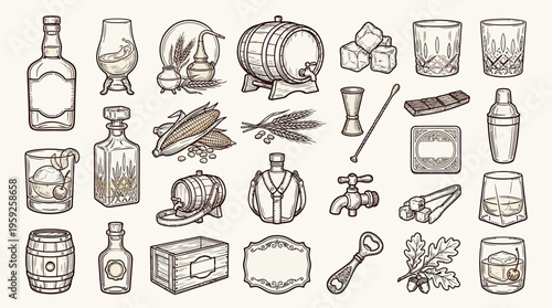A comprehensive collection of hand-drawn illustrations depicting various elements related to whiskey production, aging, and consumption.
