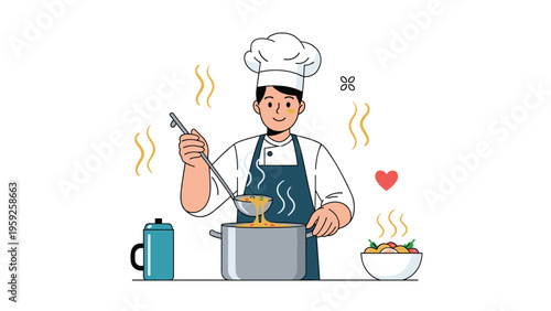 Professional chef in white uniform and hat stirring steaming hot soup in large pot on kitchen stove.