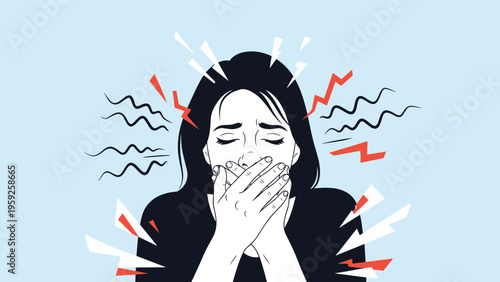 Young woman covering her mouth with hands while experiencing nausea or shock from bad news vector illustration.