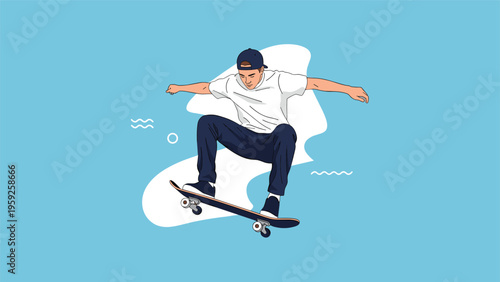 Energetic young skateboarder performing ollie jump trick on blue background with abstract graphic elements vector art.