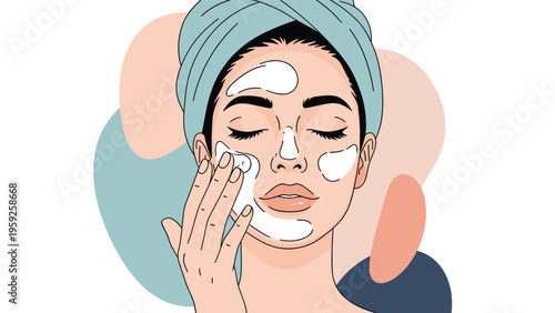 Beautiful young woman applying white clay face mask as part of her evening skincare and beauty treatment routine.