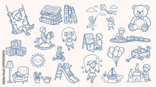 A charming collection of hand-drawn illustrations depicting children's toys, activities, and playtime essentials, rendered in a simple blue line art style on a cream background.