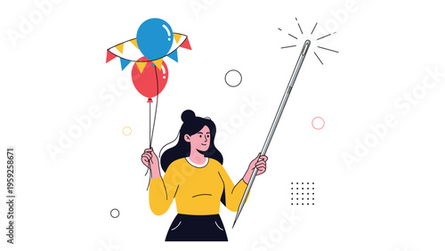 Woman holding colorful balloons in one hand and large sharp needle in the other symbolizing risk and sabotage.