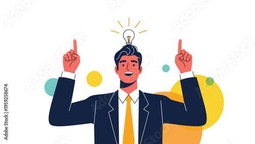 Enthusiastic businessman pointing fingers up while having bright idea illustrated by light bulb over his head.