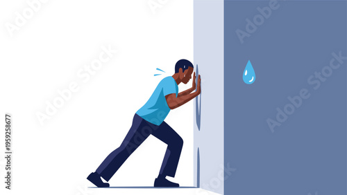 Strong man pushing heavy concrete wall with effort representing overcoming obstacles and persistent hard work for success.