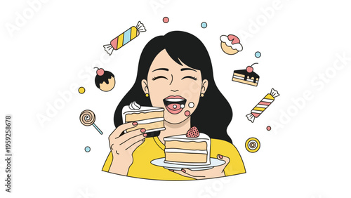 Happy woman surrounded by various sweets and candies while holding and eating a piece of delicious strawberry cake.