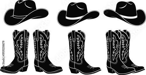 Cowboy hat and boots silhouette set, western style apparel illustration, black country fashion icons isolated on white background, classic ranch design