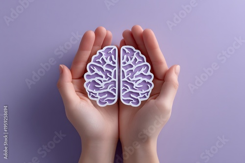 Close up view of hands gently holding a paper cutout human brain against a soft purple background indicating care protection and mental health awareness with bright studio lighting