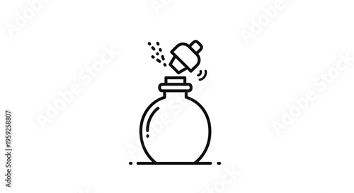 Dropper bottle with essential oil or perfume, abstract particles floating