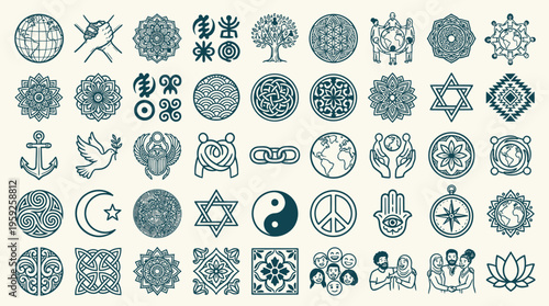 A collection of diverse cultural, spiritual, and symbolic icons representing unity, peace, and global connection.