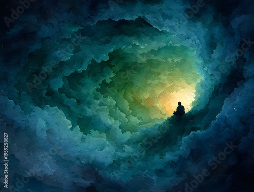 A solitary person in peaceful meditation sits calmly at the glowing entrance of a swirling cosmic tunnel revealing a profound spiritual journey and introspective thought
