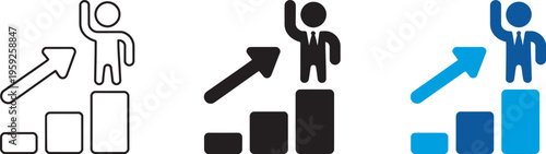 Career growth icon, rising bars with business person and upward arrow, success promotion, professional development, business progress, management HR, corporate strategy illustration
