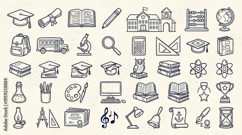 A comprehensive collection of hand-drawn icons representing various aspects of education, learning, and school life.