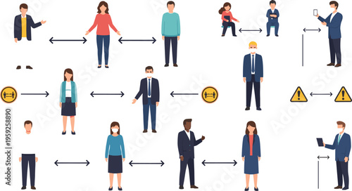 Social distancing guidelines with people keeping safe distance and warning signs vector illustration