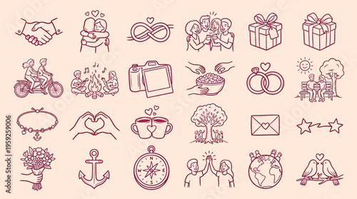 A collection of hand-drawn icons representing love, relationships, and celebrations, including wedding symbols, family, and romantic gestures.