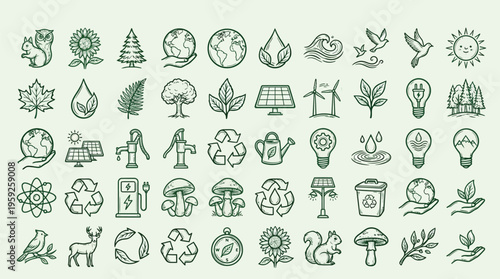 A collection of 60 hand-drawn green icons representing nature, ecology, and sustainability.
