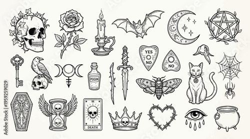 A collection of gothic and occult-themed illustrations featuring skulls, celestial bodies, mystical symbols, and creatures of the night.