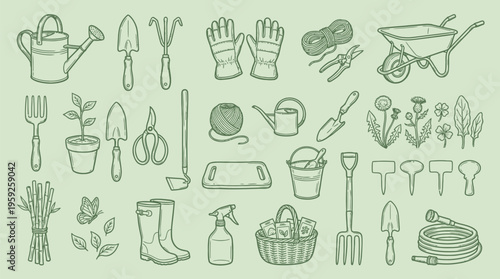 A comprehensive collection of gardening tools and supplies, illustrated in a charming, hand-drawn style on a soft green background.