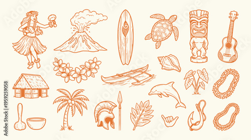 A charming collection of hand-drawn Hawaiian-themed illustrations, featuring iconic symbols like a hula dancer, volcano, surfboard, and tiki.