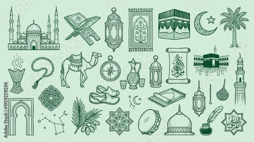 A collection of Islamic cultural and religious symbols, including mosques, the Kaaba, the Quran, lanterns, and traditional motifs, presented in a green, hand-drawn illustration style.