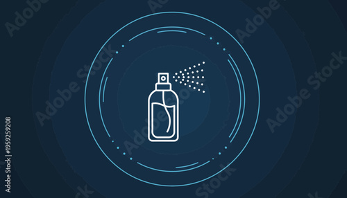 Disinfection Spray Bottle Icon with Abstract Circular Waves on Dark Blue Background