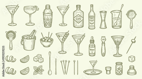 A comprehensive collection of hand-drawn cocktail ingredients, bar tools, and garnishes, presented in a vintage sketch style on a light background.