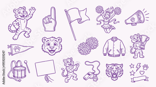 A collection of purple line art illustrations featuring tigers, cheerleaders, and sports-related items for school spirit.