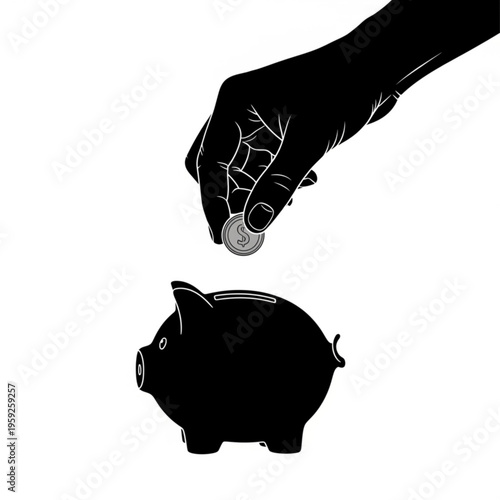 A black silhouette of a hand putting a coin into a piggy bank