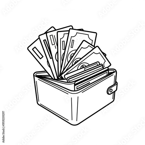 A minimalist line art illustration of a wallet filled with cash
