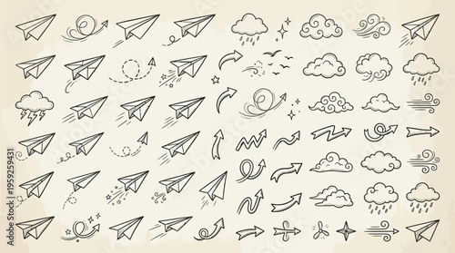 A collection of hand-drawn doodle icons featuring paper airplanes, clouds, and arrows on a textured background.