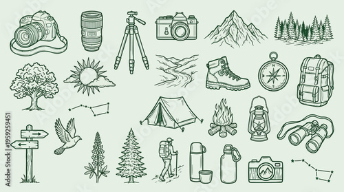 A collection of hand-drawn illustrations depicting various elements associated with outdoor adventure, camping, and nature exploration.