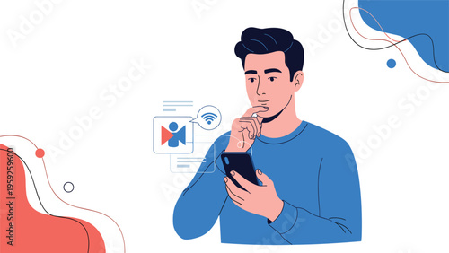 Young man looking thoughtfully at his smartphone screen while holding his chin during a video call with various digital icons.