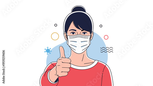 Portrait of a young woman wearing a protective medical face mask and giving a thumbs up gesture for health and safety awareness.