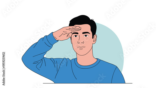 Handsome young man wearing a blue sweater and performing a formal salute with his hand to his forehead on a light background.